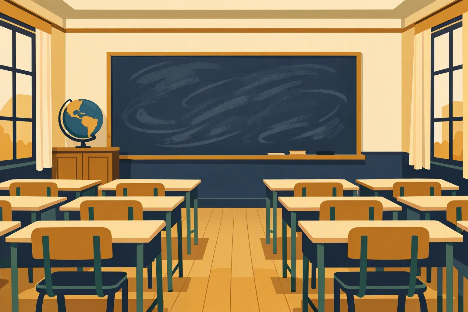Salle de classe vide vue du fond, rangées de pupitres en bois, grand tableau noir et fenêtres hautes