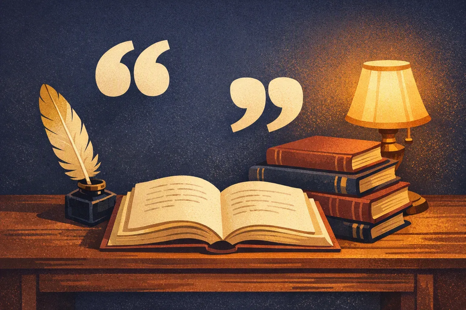 Un livre ouvert sur un bureau de bois, une plume, un encrier et une pile d&rsquo;ouvrages reliés éclairés par une lampe